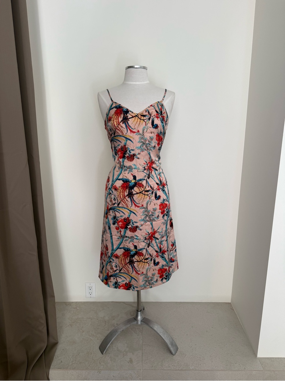 Club Monaco Pink Floral & Bird Print Slip Midi Dress